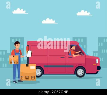 logistic workers and van Stock Vector