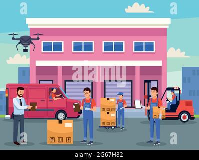 logistic service workers scene Stock Vector