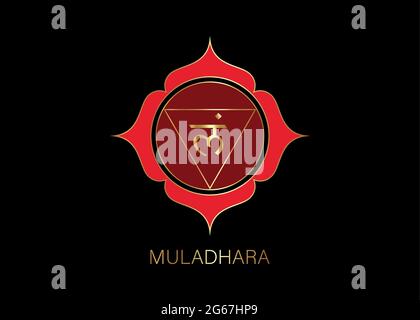 Muladhara chakra logo template. First root chakra symbol. Red and Gold sacral sign meditation, yoga mandala icon vector isolated on black background Stock Vector