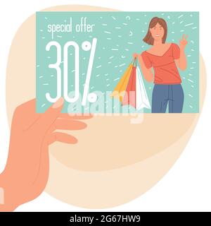Hand holding dicount card. Stock Vector