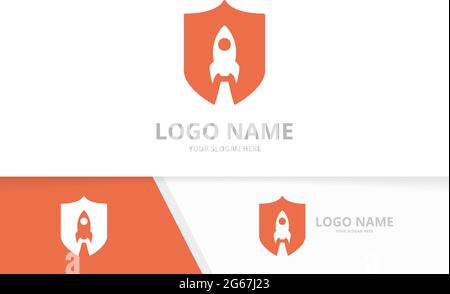 Vector shield and rocket logo combination. Security airplane logotype design template. Stock Vector