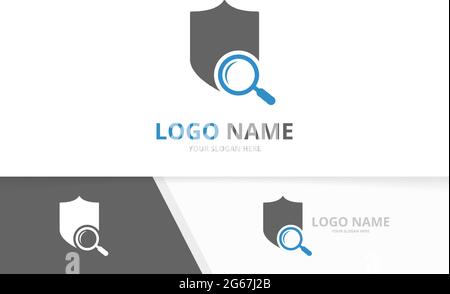Vector shield and loupe logo combination. Safe seach logotype design template. Stock Vector