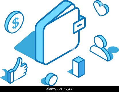 Wallet blue line isometric illustration. Money, bank, secure finance 3D banner template. Stock Vector