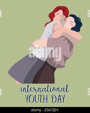 International Youth Day. Doodle vector illustration Illustration in a flat style together for a holiday celebration. Two girls hugging. The girl hugs Stock Vector