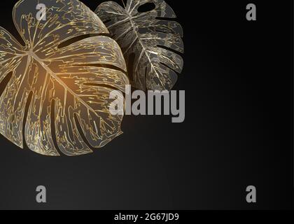 Golden monstera leaves creatively arranged on plain black background. Luxurious trendy border frame with copy space, shiny fashion botany flat Stock Vector