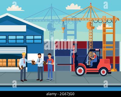 logistic industry workers scene Stock Vector