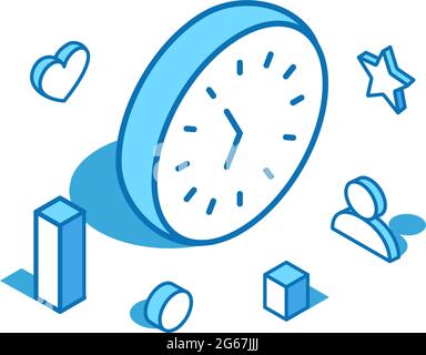 Clock blue line isometric illustration. Timer, stopwatch, calendar 3D banner template. Stock Vector