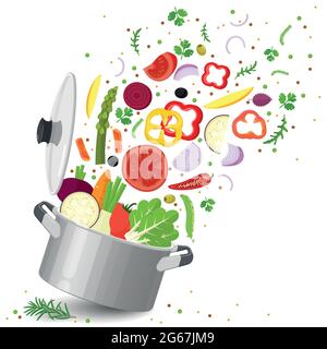 Sliced vegetables in saucepan Stock Vector