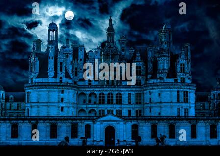 Haunted Gothic castle at night. Old spooky mansion like palace in full moon. Creepy front view of dark mystery castle. Scary gloomy scene for Hallowee Stock Photo