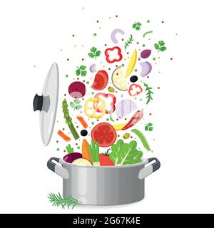 Sliced vegetables in saucepan Stock Vector