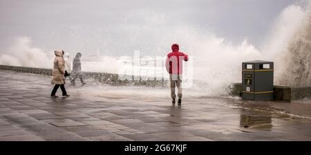 Wild weather on the sea front at Whitley Bay Stock Photo