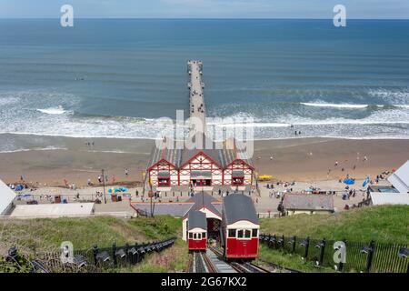 Saltburn Cliff Lift and Pier from Upper Station, Saltburn-by-the-Sea, North Yorkshire, England, United Kingdom Stock Photo