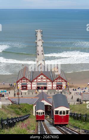 Saltburn Cliff Lift and Pier from Upper Station, Saltburn-by-the-Sea, North Yorkshire, England, United Kingdom Stock Photo