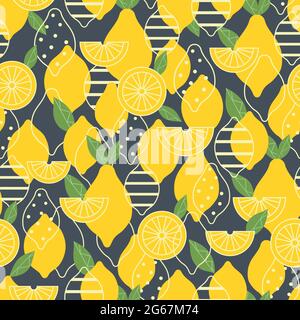 Lemon summer fruit with ornament and slice seamless pattern on background. Stock Vector