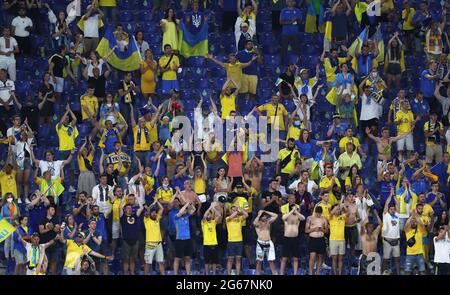 Rome, Italy, 3rd July 2021. Ukraine fans during the UEFA Euro 2020 Quarter Final match at the Stadio Olimpico, Rome. Picture credit should read: Jonathan Moscrop / Sportimage Stock Photo