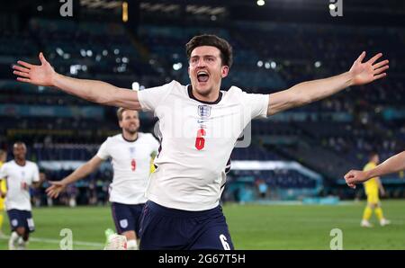 England's Harry Maguire celebrates scoring their side's second goal of the game during the UEFA Euro 2020 Quarter Final match at the Stadio Olimpico, Rome. Picture date: Saturday July 3, 2021. Stock Photo