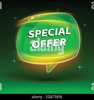 Discount bubble speach shape banner on green background. Special offer badge. Sale coupon bubble icon. Shiny modern design. Sale tag, banner design te Stock Vector