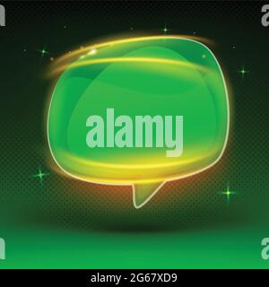 Colorful green glossy speech bubble with reflection on dark green background. Talk bubble, blank frame template, 3D Illustration. Banner design templa Stock Vector