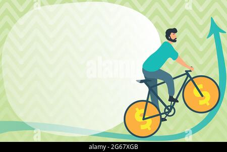 Man Drawing Travelling Using Bike With Dollar Sign Wheels Going Upward. Young Sports Athlete Riding Bicycle With Currency Wheel Design Heading Upwards Stock Vector