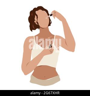 Woman applying serum on her face with a pipette. Facial skin care ritual. Young attractive caucasian women apply skincare treatment, abstract vector Stock Vector