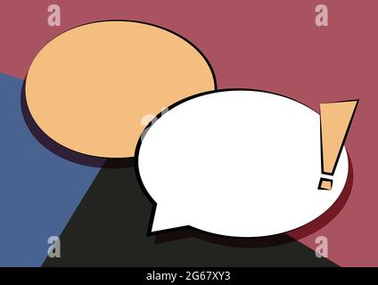 Two Colorful Overlapping Speech Bubble Drawing With Exclamation Mark. Double Flashy Overlying Conversation Balloon With Punctuation Sign. Stock Vector