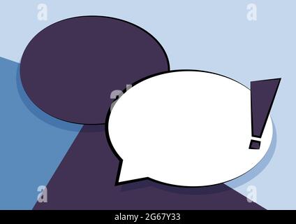 Two Colorful Overlapping Speech Bubble Drawing With Exclamation Mark. Double Flashy Overlying Conversation Balloon With Punctuation Sign. Stock Vector