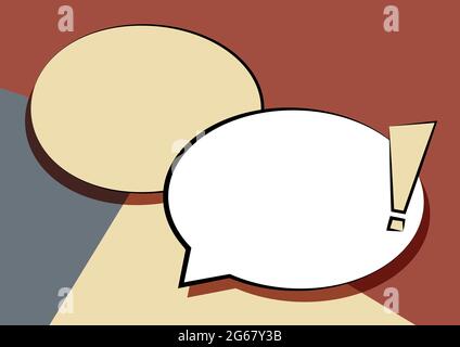 Two Colorful Overlapping Speech Bubble Drawing With Exclamation Mark. Double Flashy Overlying Conversation Balloon With Punctuation Sign. Stock Vector