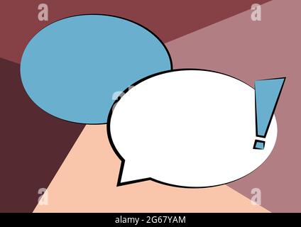 Two Colorful Overlapping Speech Bubble Drawing With Exclamation Mark. Double Flashy Overlying Conversation Balloon With Punctuation Sign. Stock Vector