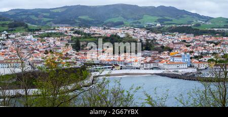 Angra do Heroismo sea front and beach seen from Monte Brasil Stock Photo
