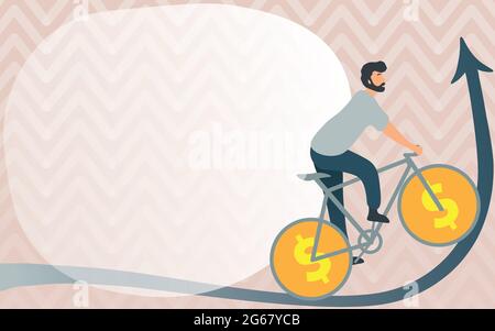 Man Drawing Travelling Using Bike With Dollar Sign Wheels Going Upward. Young Sports Athlete Riding Bicycle With Currency Wheel Design Heading Upwards Stock Vector