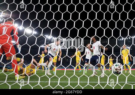 England's Harry Maguire celebrates scoring their side's second goal of the game during the UEFA Euro 2020 Quarter Final match at the Stadio Olimpico, Rome. Picture date: Saturday July 3, 2021. Stock Photo