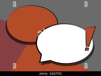 Two Colorful Overlapping Speech Bubble Drawing With Exclamation Mark. Double Flashy Overlying Conversation Balloon With Punctuation Sign. Stock Vector