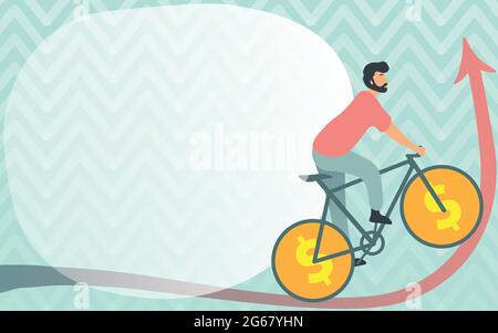 Man Drawing Travelling Using Bike With Dollar Sign Wheels Going Upward. Young Sports Athlete Riding Bicycle With Currency Wheel Design Heading Upwards Stock Vector