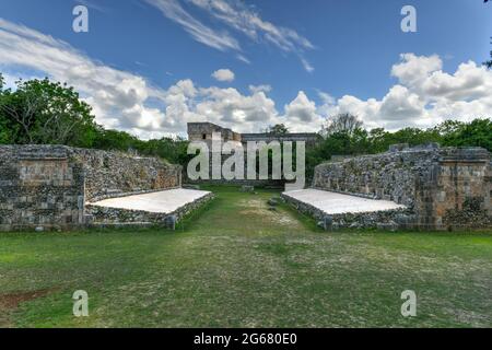 Ball court on the territory of the Uxmal archeological and historical site, ancient city, representative of the Puuc architectural style in Yucatan, M Stock Photo