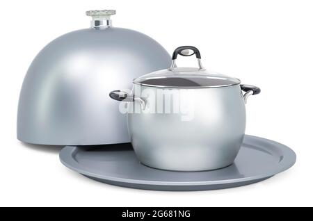 Restaurant cloche with stainless steel stock pot with glass cover, 3D rendering isolated on white background Stock Photo