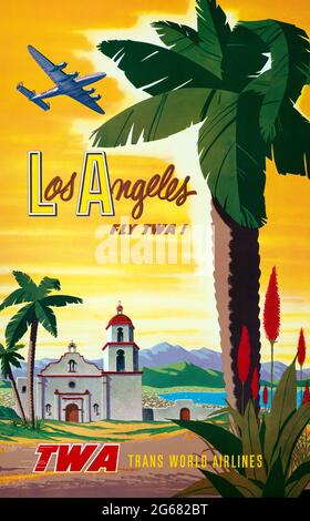 Fly TWA, Los Angeles, Vintage Travel Poster, TWA – Trans World Airlines operated from 1930 until 2001. High resolution poster. Art by Bob Smith. Stock Photo