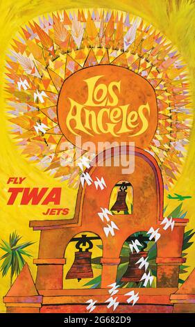 Fly TWA jets, Los Angeles, Vintage Travel Poster, TWA – Trans World Airlines operated from 1930 until 2001. David Klein 1959. Stock Photo