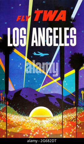 Fly TWA, Los Angeles, Vintage Travel Poster, TWA – Trans World Airlines operated from 1930 until 2001. Art by David Klein 1959. Stock Photo