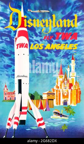 Fly TWA, Disneyland, Los Angeles, Vintage Travel Poster, TWA – Trans World Airlines operated from 1930 until 2001. David Klein, c 1955. Stock Photo