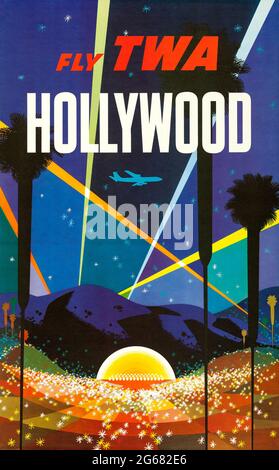 Fly TWA, Hollywood, Vintage Travel Poster, TWA – Trans World Airlines. High resolution poster. Early 1960s. Art by David Klein. Stock Photo