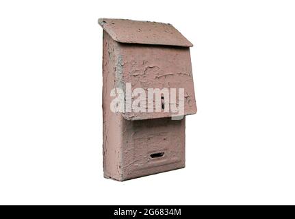 Vintage mailbox isolated on white background. Pink mailbox rusty with cracks. Stock Photo