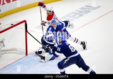 TAMPA, FL - MAY 26: Tampa Bay Lightning defenseman Erik Cernak (81) checks  for loose teeth during