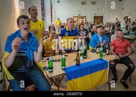 London, UK. 3rd July, 2021. UEFA EURO 2020: Ukraine vs England. British-Ukrainians show support for their home team at the Association of Ukrainians in Great Britain venue (AUGB) in Holland Park. Credit: Guy Corbishley/Alamy Live News Stock Photo