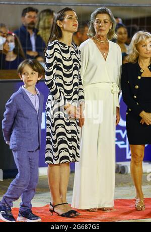 Monaco, Monte-Carlo - July 03, 2021: 15th Longines Global Champions Tour with H.R.H. Princess Caroline of Hanover and daughter Charlotte Casiraghi with son Raphael Elmaleh during the Winner Prize Giving Ceremony. Jumping International de Monte-Carlo. Hanno Stock Photo
