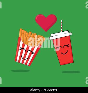 A pair of cute french fries  and disposable red cup with hook and straw look at each other in love on a solid background with hearts. End of love and Stock Vector