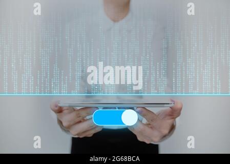 Lady In Uniform Standing Holding Tablet Presenting Late Tech Knowledge. Business Woman Carrying Pad Showing New Futuristic Technologies. Stock Photo