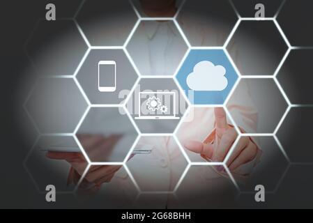 Lady In Uniform Standing Holding Tablet And Pressing On Virtual Button. Business Woman Carrying Pad Tapping Switch Showing New Futuristic Technologies Stock Photo
