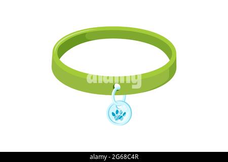 Pet collar with silver pendant. Green animal collar for dogs and cats. Vector illustration in cute cartoon style Stock Vector