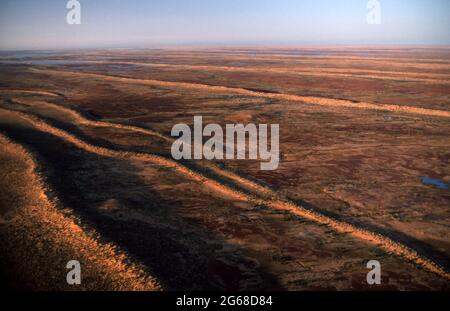 AERIAL OVER THE SIMPSON DESERT WHICH CONTAINS THE WORLDS LONGEST PARALLEL SAND DUNES. AUSTRALIA. Stock Photo