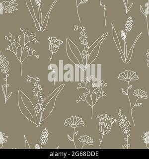 Seamless pattern with wildflowers drawn in thin line. Floral summer vintage print for fabric, textile or wallpaper. Background with outline flowers. V Stock Vector